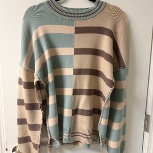 Striped Crew Neck Sweater - Beige and Teal